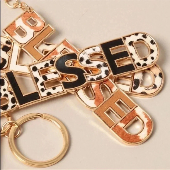 Cow Print BLESSED Keychain | Genuine Leather Faith Gift Accessory - Picture 2 of 5